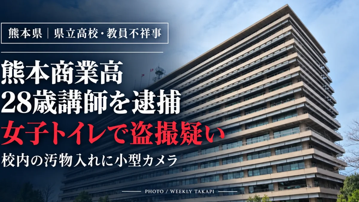 熊本商業高校の28歳男性講師が勤務先の女子トイレに小型カメラを設置し、女性を盗撮した疑いで逮捕された事件を伝える報道用イメージ画像
