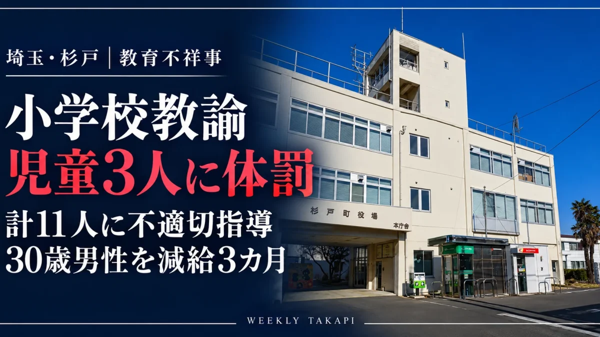 埼玉県杉戸町の小学校で児童3人への体罰と計11人への不適切指導が判明し、30歳男性教諭が減給3カ月となった事件の報道アイキャッチ