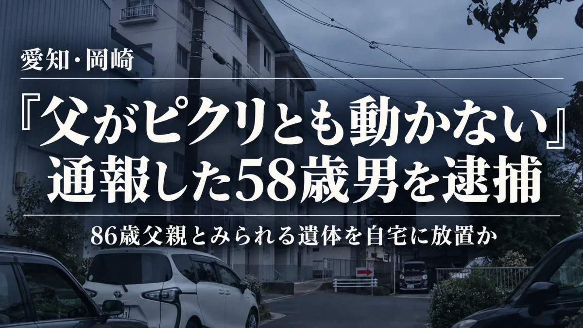 愛知県岡崎市の集合住宅で86歳の父親とみられる遺体を放置した疑いで、「父がピクリとも動かない」と通報した58歳男が死体遺棄容疑で逮捕された事件を伝える週刊TAKAPIの報道アイキャッチ