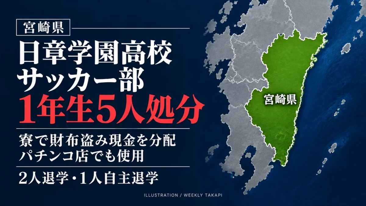 宮崎県の地図イラストを背景に、日章学園高校サッカー部で寮内の財布窃盗が発覚し、１年生５人が処分されたことを伝える報道画像。２人が退学処分、１人が自主退学した。