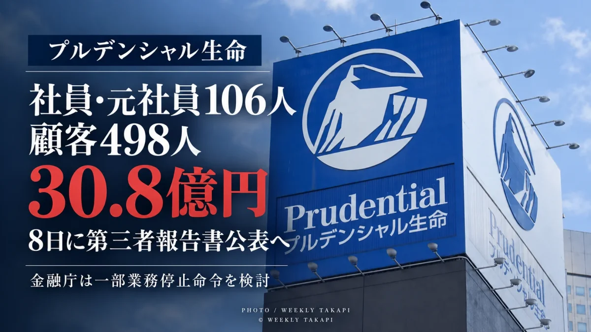 プルデンシャル生命で社員・元社員106人が顧客498人から計30億8000万円を受け取っていた金銭不祥事と第三者委員会報告書の公表予定を伝える週刊TAKAPIの報道アイキャッチ