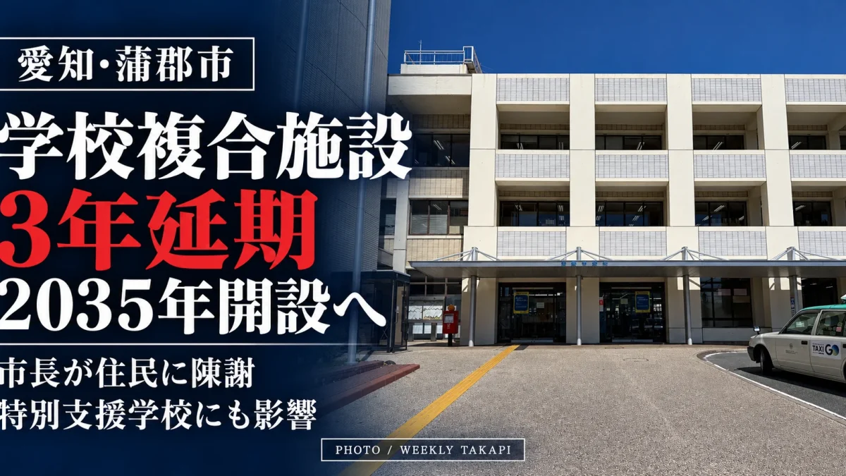 蒲郡市役所の庁舎外観を背景に、学校複合施設の2035年開設への3年延期と、市長の陳謝、特別支援学校への影響を伝える報道画像